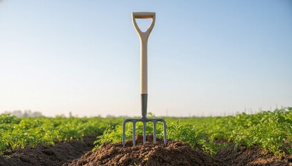 Pitchfork standing in fresh, rich soil in a vibrant green agricultural field under a clear sky.