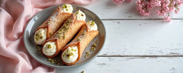 Cannoli pastries on plate. Traditional Italian dessert filled with creamy ricotta cheese, pistachios. Close up shot food on wooden table. Confectionery treats for menu or blog.