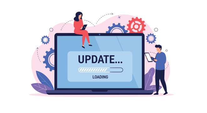 People interacting with a laptop displaying a software update and loading screen, with gears symbolizing system maintenance and technological process.