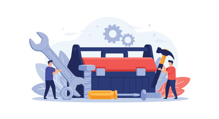 Illustration of people with tools and a toolbox for repair services or construction work.