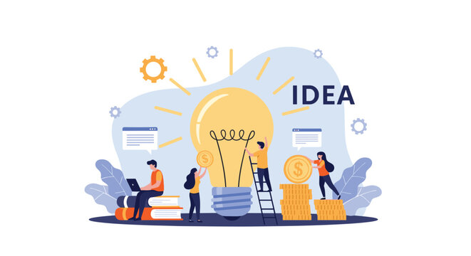 A diverse business team collaboratively works to develop and fund a new big idea, symbolizing innovation, brainstorming, and collective financial investment. - Powered by Adobe