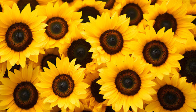 featuring bright yellow sunflowers filling frame. Floral repeat background with many blooming heads creates cheerful, summery vibe