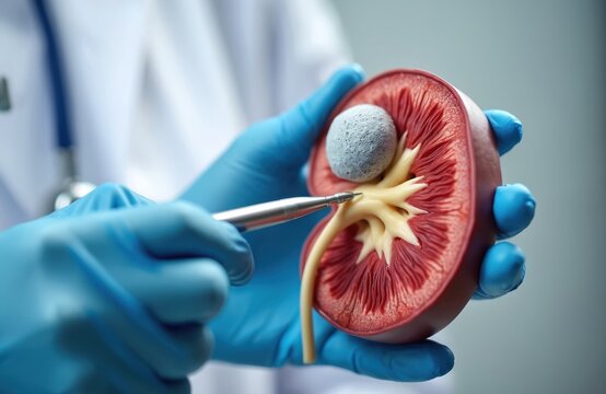 Doctor in blue gloves uses tool on kidney model showing stone blockage and internal structure. Urology concept for medical education and patient awareness about kidney health issues.