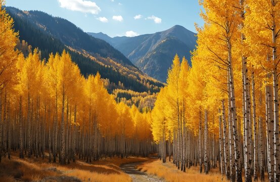 Bright yellow aspen trees line a dirt road through colourful mountains in autumn. Golden foliage covers the hillsides under a clear blue sky with scattered white clouds.