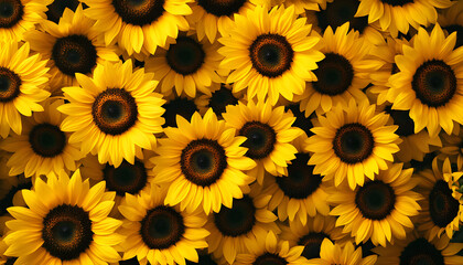 featuring bright yellow sunflowers filling frame. Floral repeat background with many blooming heads creates cheerful, summery vibe