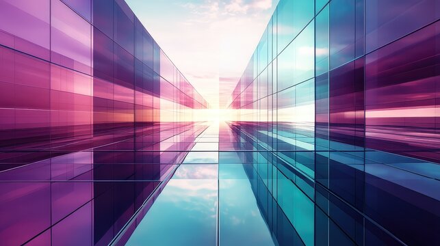 Abstract glass architecture reflecting vibrant sunset sky - Powered by Adobe