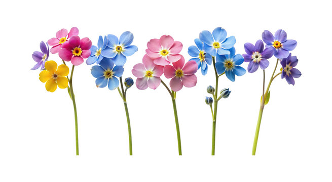 Assorted colors of small elegant flowers on stems, presented on white background
