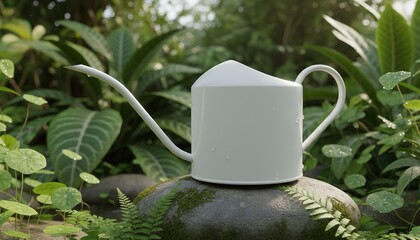 White watering can with water droplets resting on a mossy rock amidst lush green foliage, symbolizing gardening, freshness, and plant care in nature.