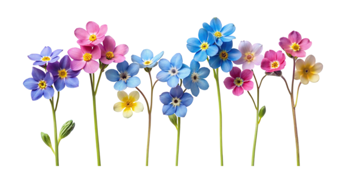 Vibrant and colorful flowers in a row isolated on a white background