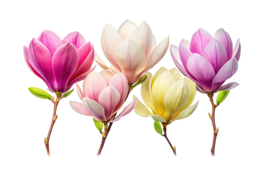 Arrangement of Five Beautiful Magnolia Flowers with Various Pastel Shades on White - Powered by Adobe