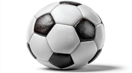 Realistic soccer ball with black and grey pattern, gold accents, professional sports equipment on a bright white background in studio light