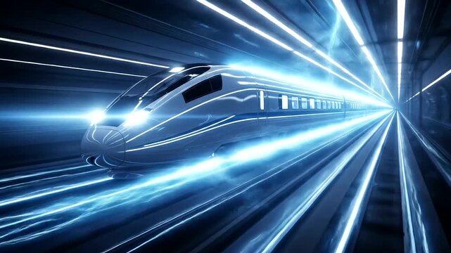 Futuristic High Speed Train Traveling Through a Luminous Tunnel.