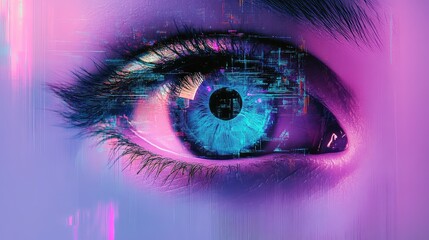 Futuristic human eye with digital data overlay and neon light concept
