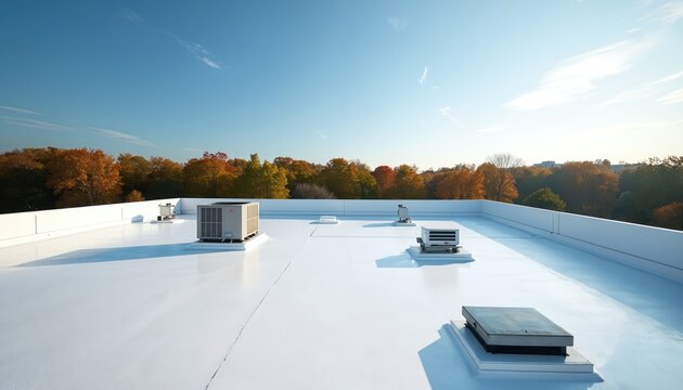 Modern white flat commercial roof features various HVAC systems, ventilation units, skylights. Reflective membrane provides energy efficiency for building construction. Clear blue sky, vibrant autumn