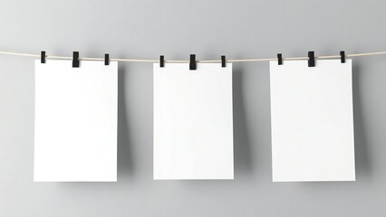 Three blank white papers hanging on a clothesline with clips