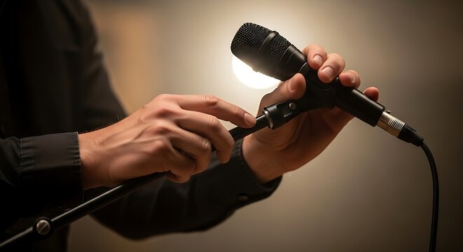 Hands adjust a microphone on a stand, ready for performance. - Powered by Adobe