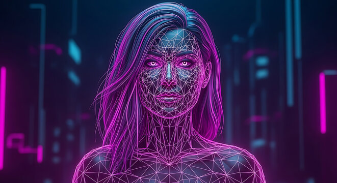 Digital Portrait of Woman Composed of Pink and Purple Neon Lines
