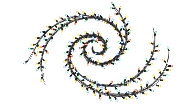 Dynamic spiral stream of glowing festive fairy lights, soft neon radiance, realistic LED bulb reflections, artistic swirl forming abstract Christmas pattern, clean white isolated backdrop, modern