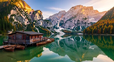 Rustic boathouse on a serene lake with majestic mountains and reflection.