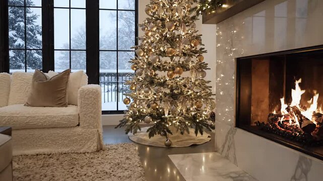 Cozy living room with Christmas tree and marble fireplace on winter evening  