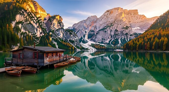 Rustic boathouse on a serene lake with majestic mountains and reflection. - Powered by Adobe