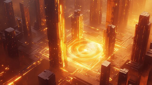 Futuristic cityscape generating energy in glowing spiral center