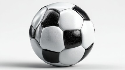 Realistic soccer ball with black and grey pattern, gold accents, professional sports equipment on a bright white background in studio light