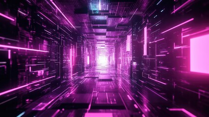 Futuristic digital tunnel with glowing neon purple lines