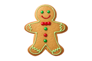 Cute Gingerbread Man Cookie with Icing Decorations on White Background