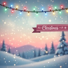A creative rephrasing of glowing multicolor Christmas light string with neon red, green, blue, and yellow bulbs, gently illuminating over a soft snowy pastel Christmas background, subtle bokeh