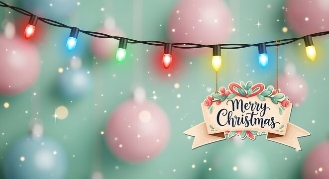 A creative rephrasing of glowing multicolor Christmas light string with neon red, green, blue, and yellow bulbs, gently illuminating over a soft snowy pastel Christmas background, subtle bokeh