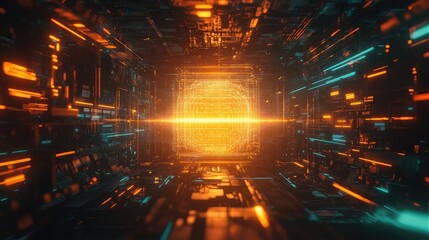 Digital data core processing in a futuristic cyberspace tunnel