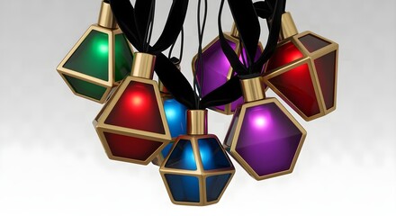 A creative rephrasing of luxury art deco Christmas lights: geometric-shaped bulbs (triangles, hexagons) in brushed gold settings, glowing with deep jewel tones. Suspended from a black velvet ribbon