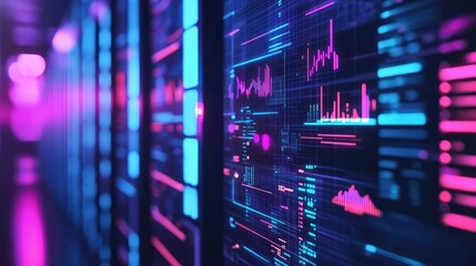 Data analysis processing in server room with glowing neon lights