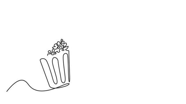 Animated self drawing of continuous line draw Clapper board and glass of popcorn. Movie scene episode production concept. Full length one line animation. 4K