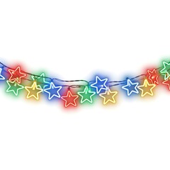 A refined, engaging variation of neon star bulbs connected with thin glowing wire, multicolor red-green-blue-yellow illumination, dreamy holiday sparkle effect, horizontal banner composition