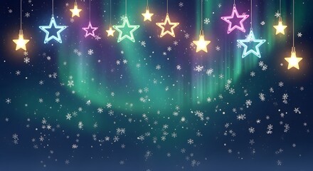 Neon star bulbs twinkling against a deep twilight blue background, with a gradient suggesting the aurora borealis. Delicate, glittering snowflakes float in the foreground, creating a magical winter