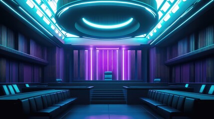 Futuristic cyberpunk courtroom interior with glowing neon lights