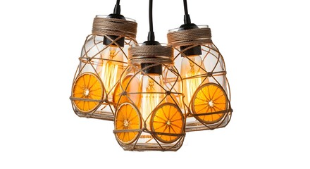 Rustic farmhouse lights: Edison-style vintage bulbs in clear glass with visible filaments, glowing a warm amber. Wrapped with natural jute twine and dried orange slices, isolated on a white