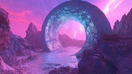 Alien planet landscape with glowing portal ring structure