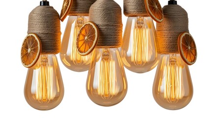 A vivid reinterpretation of rustic farmhouse lights: Edison-style vintage bulbs in clear glass with visible filaments, glowing a warm amber. Wrapped with natural jute twine and dried orange slices