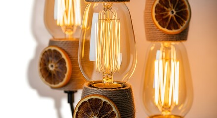 A creative rephrasing of rustic farmhouse lights: Edison-style vintage bulbs in clear glass with visible filaments, glowing a warm amber. Wrapped with natural jute twine and dried orange slices