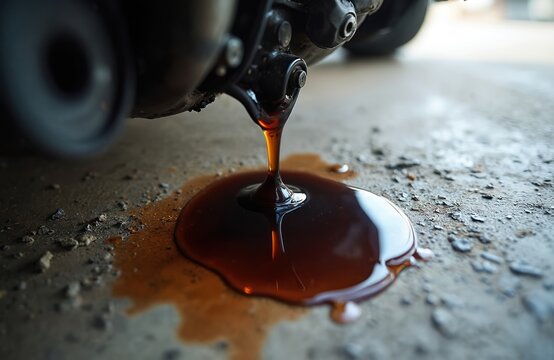 Motor oil drips from car engine onto concrete floor. Dark liquid forms puddle, indicating repair or maintenance need. Automotive mechanical issue shown close up.