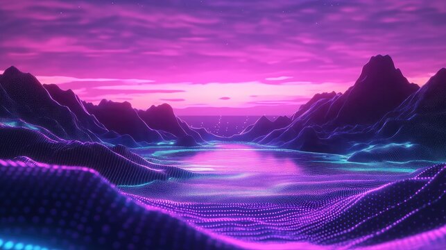 Retrowave digital landscape with neon glowing mountains and lake