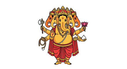 Deity Ganesha with multiple faces holding symbolic objects in traditional attire