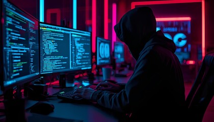 Hooded Coder At Neon Monitors Working On Complex Software Under Blue And Pink Lights