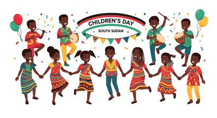 Fototapeta premium Joyful South Sudanese Children Celebrating with Music and Traditional Dance, Expressing Vibrant Cultural Pride and Unity