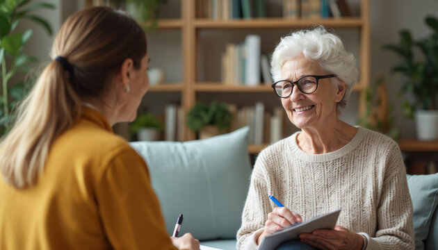 Elderly woman smiles talking with younger woman indoors. They sit on sofa with notebook and pen. Calm discussion, friendly interaction, emotional connection in cozy home setting.