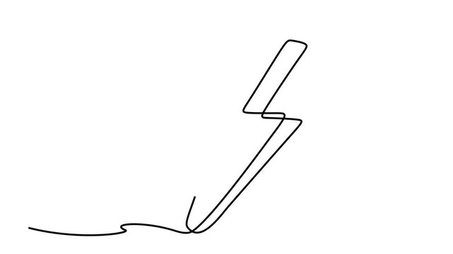 Animated self drawing of continuous line draw lighting strike icon. Single draw battery charger, line art thunderbolt symbol. Full length one line animation. 4K