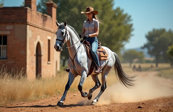 Beautiful young woman in cowboy hat rides white horse with great speed on dusty country road. Horse gallops strongly, kicking up clouds of dirt. Practices western riding dressage maneuvers. Rider - Powered by Adobe